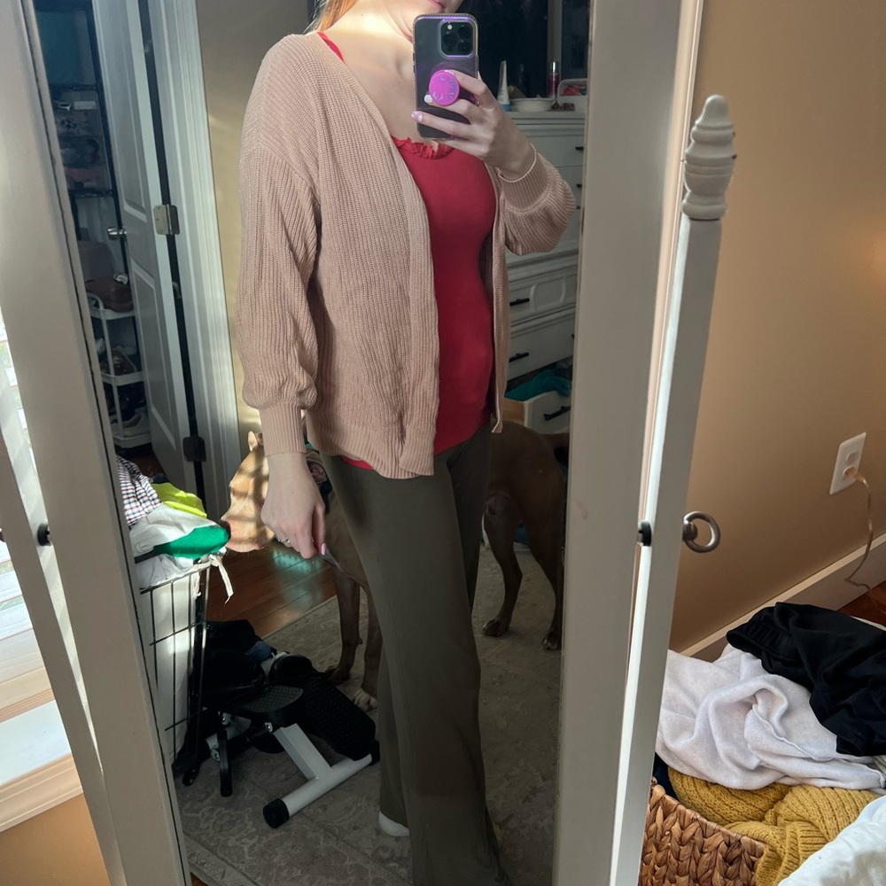 Pink Cardigan and Red Top with Olive Pants